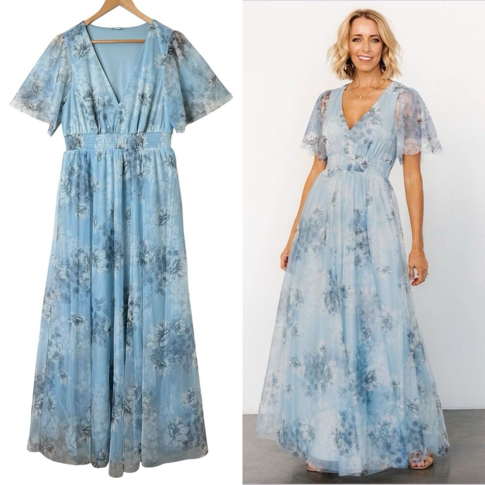 Baltic Born Dusty Blue Floral Tulle Maxi Dress XL V Neck Smocked Flutter Sleeve